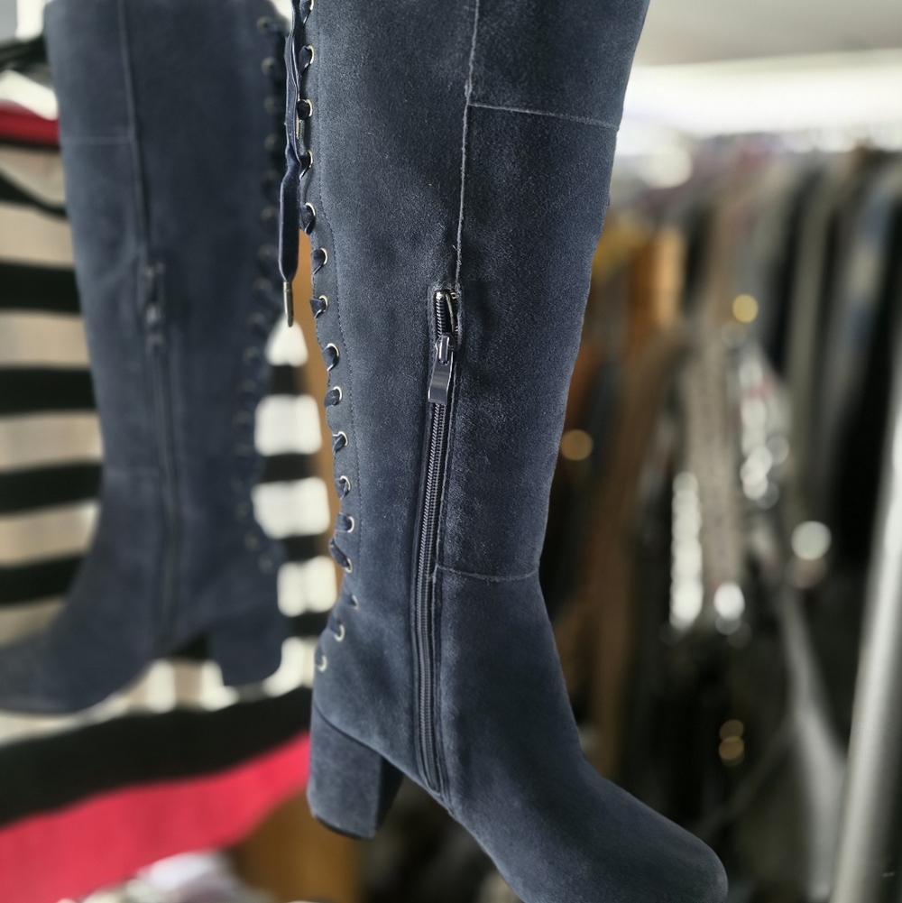Very Volatile Dark Blue Lace-Up Knee-High Boots